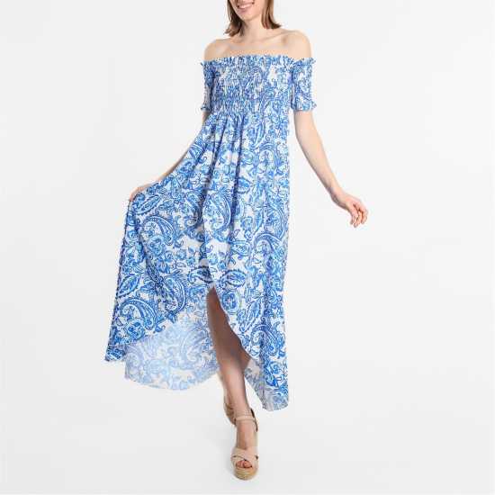 Средна Рокля Bardot Shirred Midi Dress Blue/White Дамски поли и рокли