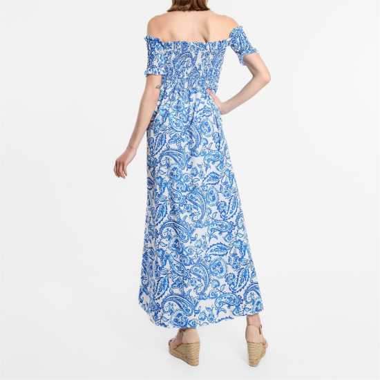 Средна Рокля Bardot Shirred Midi Dress Blue/White Дамски поли и рокли