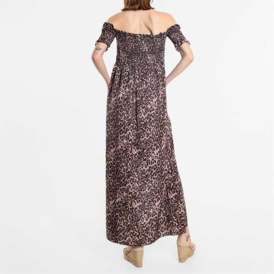 Средна Рокля Bardot Shirred Midi Dress Leopard Дамски поли и рокли