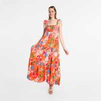 Frill Shoulder Tier Maxi Dress Orange Floral Дамски поли и рокли