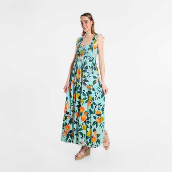 Frill Shoulder Tier Maxi Dress Lemon Print Дамски поли и рокли