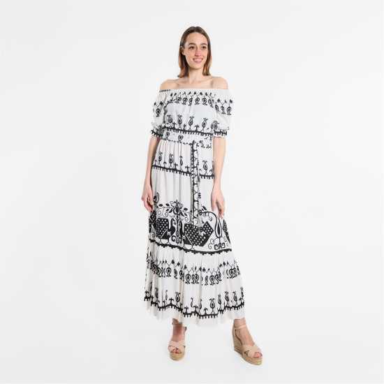Printed Batik Bardot Maxi Dress White Дамски поли и рокли