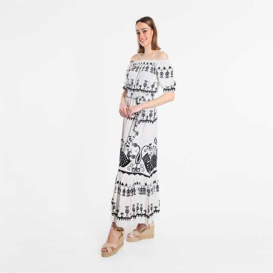 Printed Batik Bardot Maxi Dress White Дамски поли и рокли
