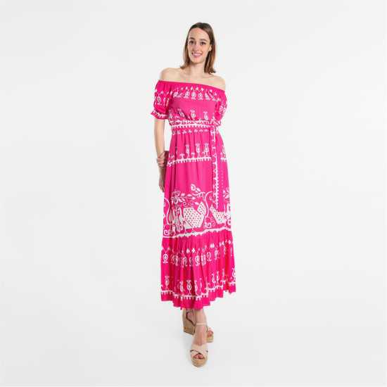 Printed Batik Bardot Maxi Dress Pink Дамски поли и рокли