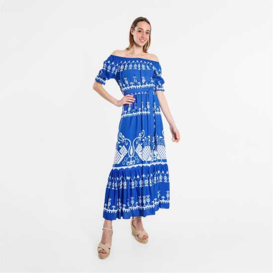 Printed Batik Bardot Maxi Dress Bright Blue Дамски поли и рокли