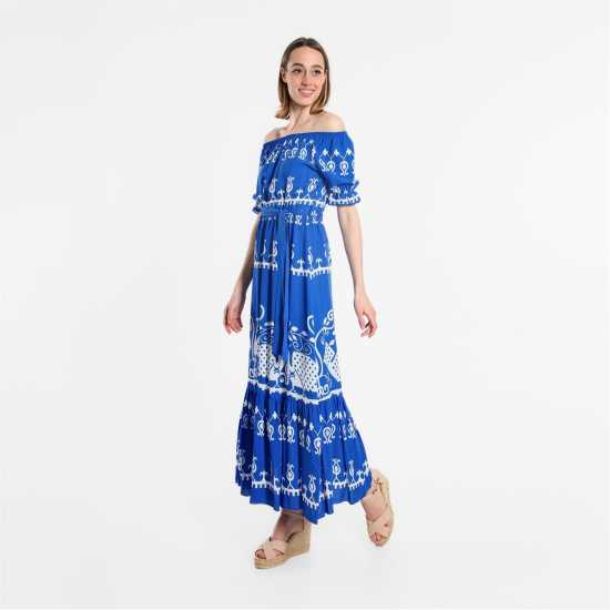 Printed Batik Bardot Maxi Dress Bright Blue Дамски поли и рокли