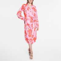 Средна Рокля Long Sleeve Satin Tie Wrap Midi Dress Pink Print Дамски поли и рокли