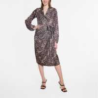 Средна Рокля Long Sleeve Satin Tie Wrap Midi Dress Animal Print Дамски поли и рокли