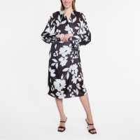Средна Рокля Long Sleeve Satin Tie Wrap Midi Dress Mono Print Дамски поли и рокли