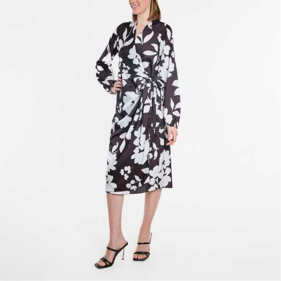 Средна Рокля Long Sleeve Satin Tie Wrap Midi Dress Mono Print Дамски поли и рокли