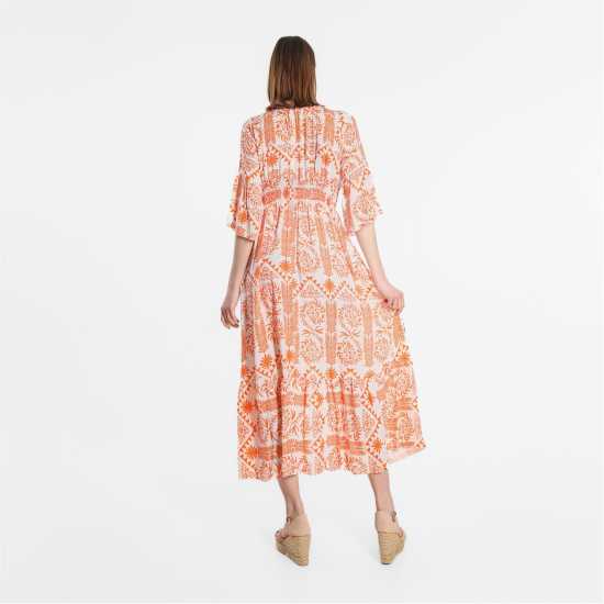 Средна Рокля V Neck Shirred Flute Sleeve Midi Dress Orange Дамски поли и рокли