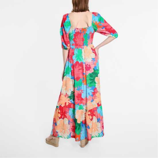 Средна Рокля Shirred Puff Sleeve Midi Dress Bright Floral Дамски поли и рокли