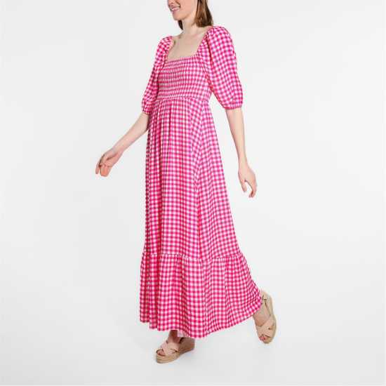 Средна Рокля Shirred Puff Sleeve Midi Dress Pink Gingham Дамски поли и рокли