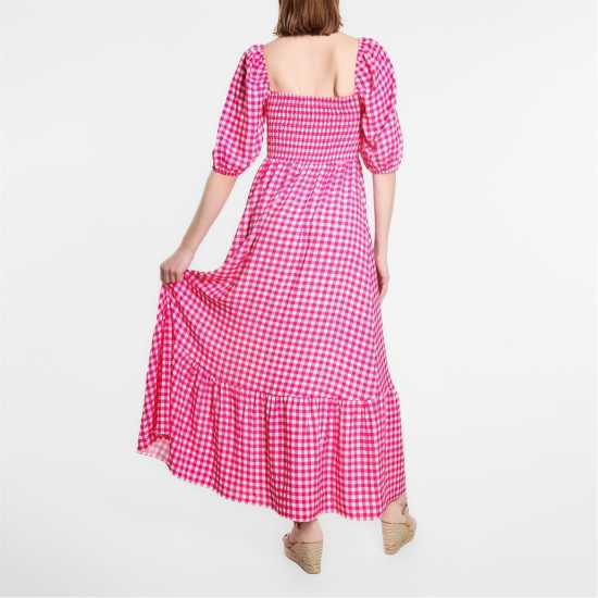 Средна Рокля Shirred Puff Sleeve Midi Dress Pink Gingham Дамски поли и рокли