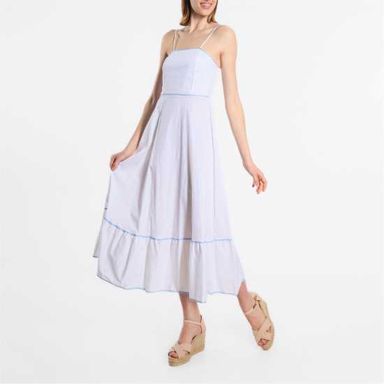 Средна Рокля Cotton Trim Midi Dress White/Cobalt Дамски поли и рокли