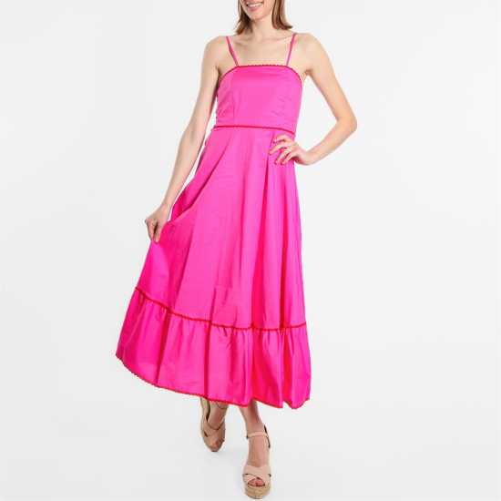Средна Рокля Cotton Trim Midi Dress Pink/Red Дамски поли и рокли