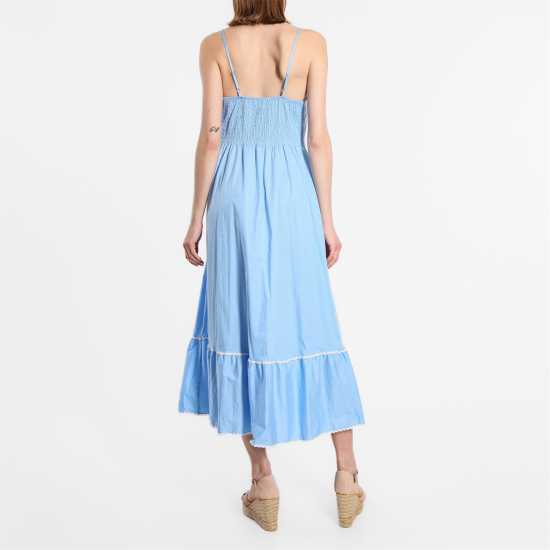 Средна Рокля Cotton Trim Midi Dress Blue/White Дамски поли и рокли