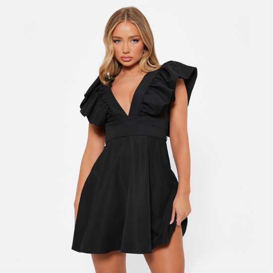 I Saw It First Plunge Frill Sleeve Woven Mini Dress Black - Дамски поли и рокли