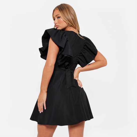 I Saw It First Plunge Frill Sleeve Woven Mini Dress Black - Дамски поли и рокли
