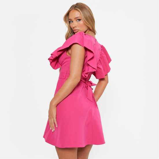 I Saw It First Plunge Frill Sleeve Woven Mini Dress Bright Pink Дамски поли и рокли